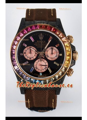 Rolex Daytona Super Clone DiW Carbon Edition Rainbow Bezel - Caja Carbono Forjado Correa Khaki Réplica Espejo 1:1