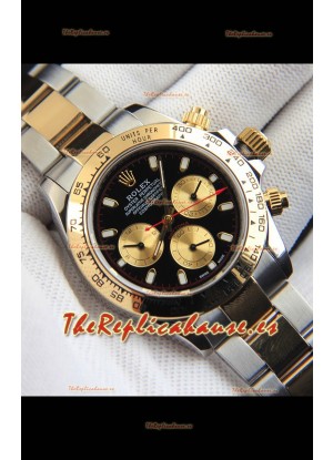 Rolex Daytona Movimiento Japonés Dos Tonos Caja de Oro Reloj en Dial Negro 