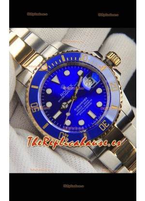 Rolex Submariner Reloj Réplica Japonés Acero 904L Oro Amarillo Dos Tonos - Bisel de Cerámica en Azul