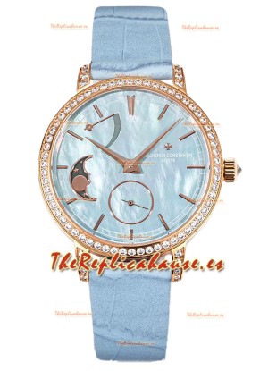Vacheron Constantin Traditionelle Moon Phase Dial Azul Madre Perla en Oro Rosado Réplica Suiza