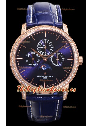 Vacheron Constantin Patrimony Perpetual Calendar Ultra-Thin Oro Rosado Dial Azul Réplica Suiza