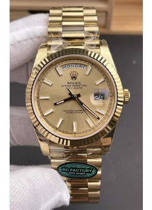 Reloj Rolex Day Date 228238 de oro amarillo con esfera dorada tipo bastón, réplica perfecta