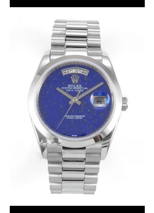 Reloj réplica suizo Rolex Day Date de acero inoxidable con esfera azul lapislázuli de 36 mm