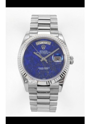 Reloj réplica suizo Rolex Day Date de acero inoxidable con esfera azul lapislázuli de 36 mm