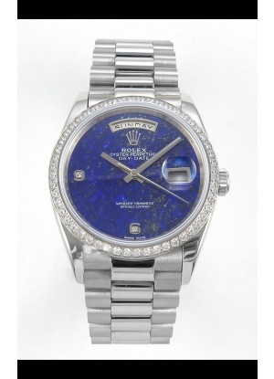Reloj réplica suizo Rolex Day Date con esfera azul lapislázuli y bisel de diamantes de 36 mm