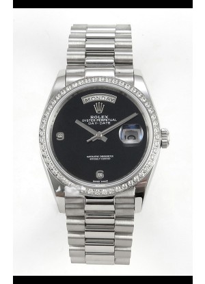 Reloj réplica suizo Rolex Day Date con esfera negra, diamantes y bisel de 36 mm