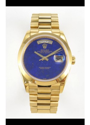 Reloj réplica suizo Rolex Day Date de oro amarillo con esfera azul lapislázuli de 36 mm