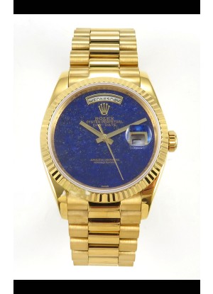 Reloj réplica suizo Rolex Day Date de oro amarillo con esfera azul lapislázuli de 36 mm