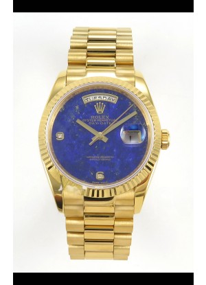 Reloj réplica suizo Rolex Day Date de oro amarillo con esfera azul lapislázuli de 36 mm