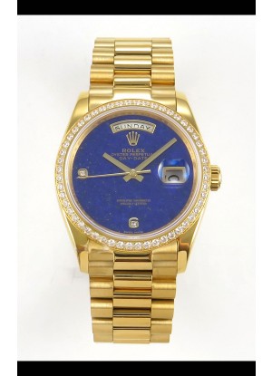 Réplica suiza del Rolex Day-Date de oro amarillo con esfera azul lapislázuli y bisel de diamantes de 36 mm