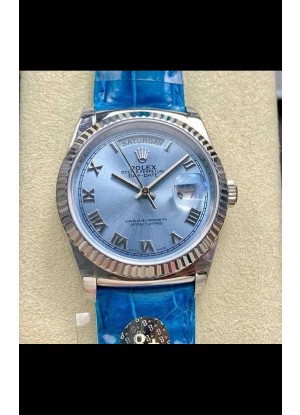 Reloj Rolex Day Date 128236 de acero inoxidable con esfera azul hielo y números romanos, réplica perfecta