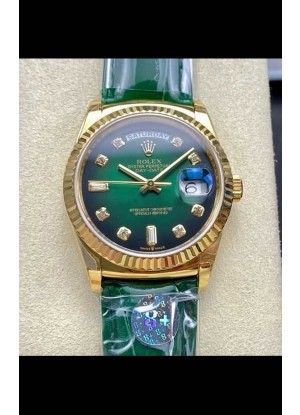Reloj Rolex Day Date 128238 de oro amarillo con esfera verde degradada y diamantes, réplica de alta calidad