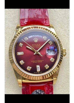 Reloj Rolex Day Date 128238 de oro amarillo con esfera roja degradada y diamantes, réplica de alta calidad