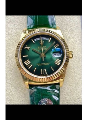 Reloj Rolex Day Date 128238 de oro amarillo con esfera verde degradada y números romanos, réplica de alta calidad