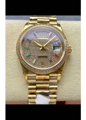 Reloj Rolex Day Date 128348RBR de oro amarillo con diamantes y esfera, réplica perfecta