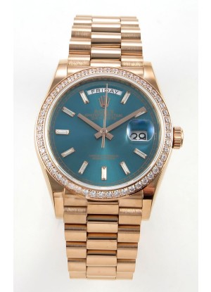 Reloj Rolex Day Date 128345, oro rosa, esfera de cristal verde, diamantes, bisel, superréplica