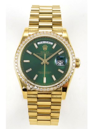 Reloj Rolex Day Date 128348, oro amarillo, esfera de cristal verde, diamantes, bisel, superréplica