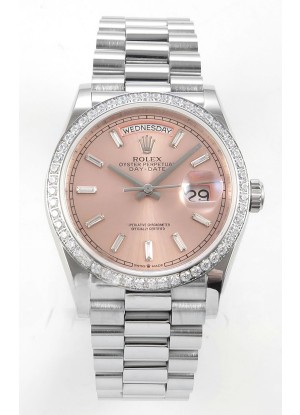 Reloj Rolex Day Date 128349 de acero inoxidable con esfera de cristal rosa, réplica perfecta