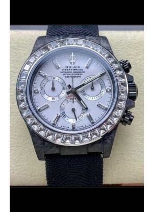 Reloj Rolex Daytona Superclon con esfera blanca, fibra de carbono negra y correa de nailon