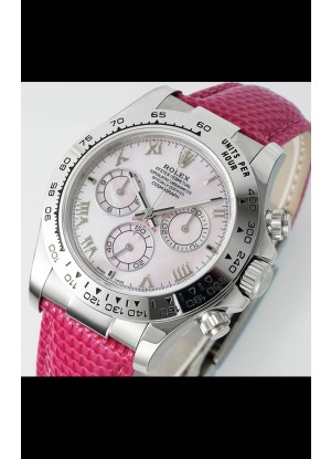 Reloj Rolex Daytona 116519 de acero inoxidable con correa de cuero rosa perlado, réplica de alta calidad