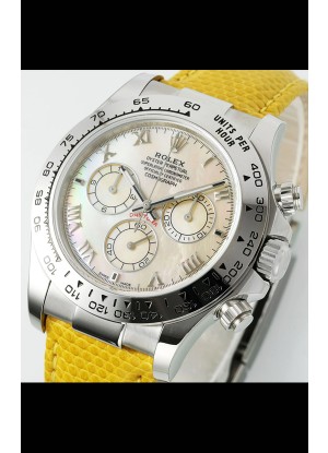 Reloj Rolex Daytona 116519 de acero inoxidable con correa de cuero y perlas amarillas, réplica de alta calidad