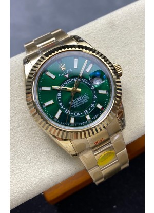 Reloj Rolex Sky-Dweller REF# 336238 con esfera verde, montura Oyster de oro amarillo, superclon
