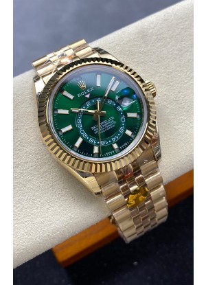 Reloj Rolex Sky-Dweller REF# 336238 con esfera verde, Jubilee, oro amarillo, superclon