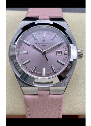 Reloj Vacheron Constantin Overseas de 35 mm con esfera rosa y correa de cuero, réplica perfecta