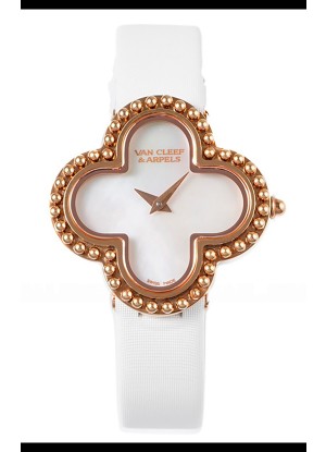 Reloj Van Cleef & Arpels Alhambra de oro rosa con correa blanca