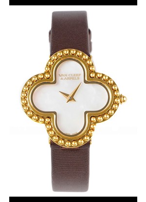 Reloj Van Cleef & Arpels Alhambra de oro amarillo con correa marrón