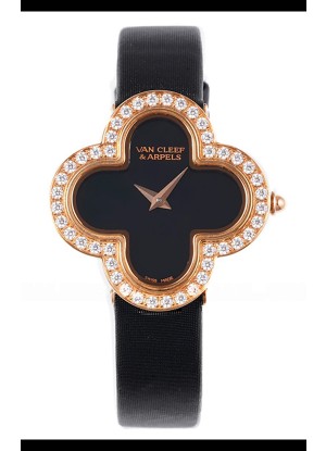 Van Cleef & Arpels Alhambra, Reloj de oro rosa con bisel de diamantes y correa negra