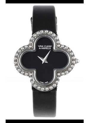Reloj Van Cleef & Arpels Alhambra de acero inoxidable con correa negra