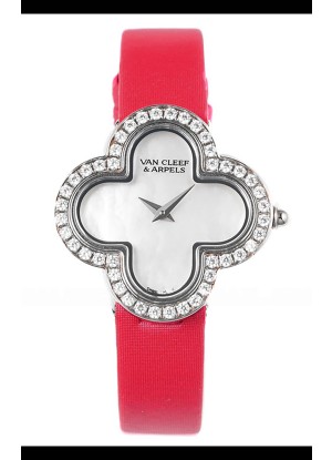 Reloj Van Cleef & Arpels Alhambra de acero inoxidable con bisel de diamantes y correa roja
