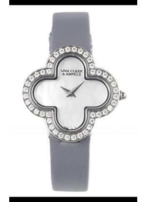 Reloj Van Cleef & Arpels Alhambra de acero inoxidable con bisel de diamantes y correa gris
