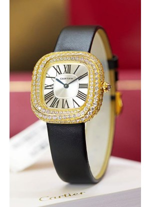 Coussin De Cartier Oro Amarillo Reloj Réplica Suizo Correa Negra