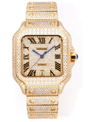 Cartier "Santos De Cartier" Oro Amarillo W/ Diamonds Roman Dial Réplica Espejo 1:1 - 40MM - Diamantes Genuinos