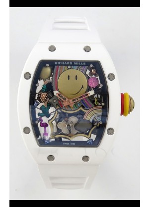Richard Mille Super Clone RM088 Smiley Tourbillon Cerámica Blanca Reloj Correa de Goma