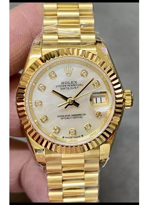 Reloj Rolex Datejust Super Clone Dial Perla Caja Oro Amarillo 28MM