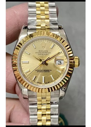 Reloj Rolex Datejust Super Clone Dial Dorado Dos Tonos Oro Rosado Amarillo 28MM