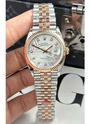 Réplica del Rolex Datejust Cal.3235 con Movimiento Super Clone Oro Rosado Dos Tonos, 36MM - Dial Plateado con Motivo Estriado