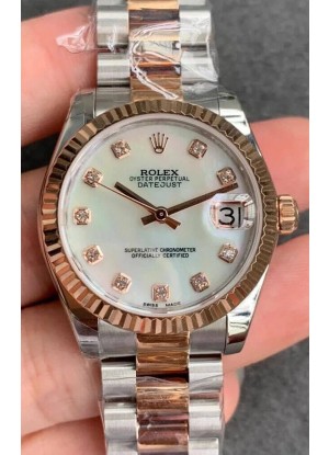 Rolex Datejust 31MM Movimiento ETA-2671 Reloj Réplica Suizo en Acero 904L Dial Perla Oyster Strap