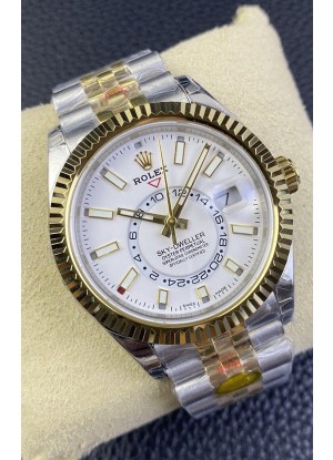 Rolex Sky-Dweller REF# M336933 Dial Blanco Reloj en Caja de Acero 904L chapada en Oro Amarillo Réplica a Espejo 1:1