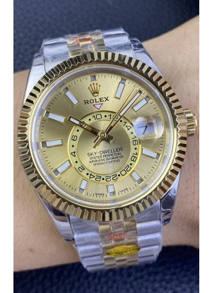 Rolex Sky-Dweller REF# M336933 Dial Dorado Reloj en Caja de Acero 904L chapada en Oro Amarillo Réplica a Espejo 1:1
