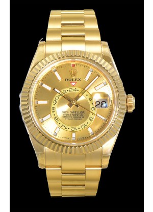 Rolex Sky-Dweller REF# 336235 Reloj Dial Dorado en Oro Amarillo Caja Acero 904L Réplica Espejo 1:1