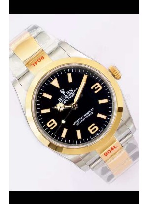 Rolex Explorer I Dial Negro - Oro Amarillo en Acero en Movimiento Suizo Automático 3235