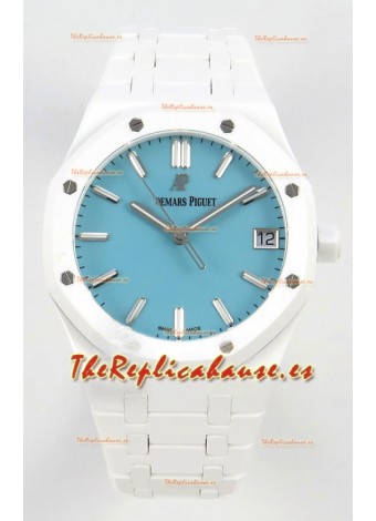 Reloj Royal Oak 15500 con esfera azul Tiffany y cerámica blanca, réplica perfecta
