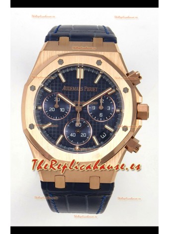 Reloj Royal Oak Chrono 26240, oro rosa, esfera azul, correa de cuero, superclon