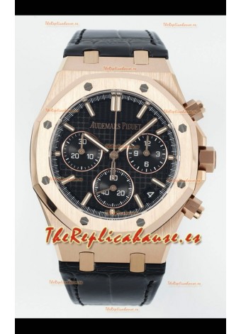 Reloj Royal Oak Chrono 26240, oro rosa, esfera negra, correa de cuero, superclon