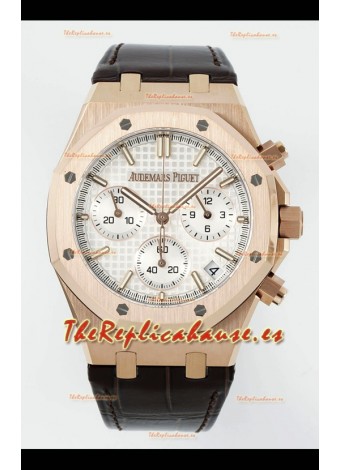 Reloj Royal Oak Chrono 26240, oro rosa, esfera blanca, correa de cuero, superclon