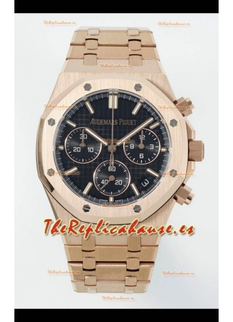 Reloj Royal Oak Chrono 26240 con correa de oro rosa y esfera negra, réplica de alta calidad